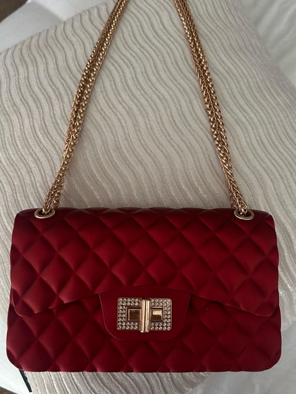 Quilted Red Shoulder Bag with Gold Chain Strap